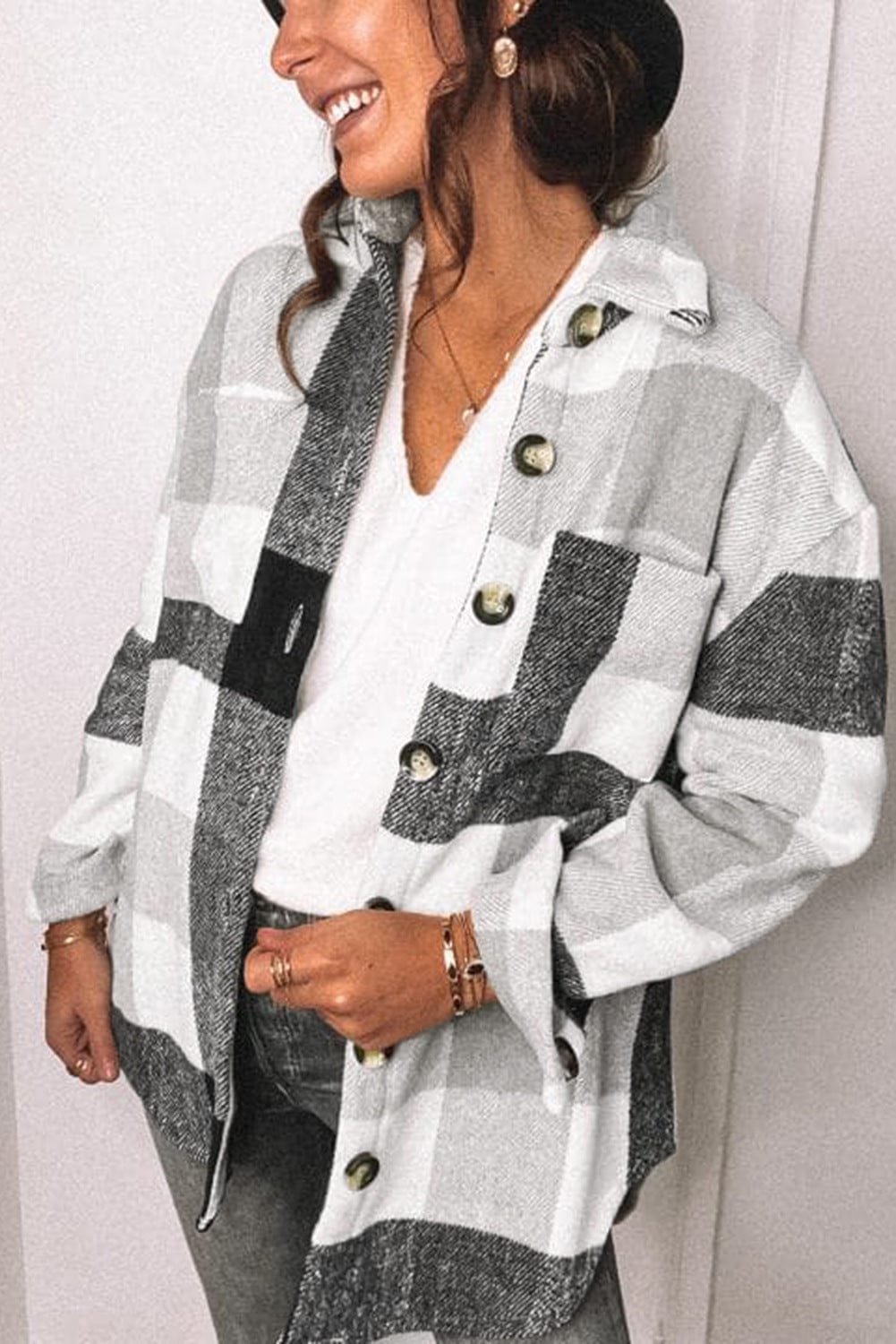 L / Gray New Design 2022 Full Sleeves Plaid Women Casual Coats Comfortable Plus Size Jackets Medium Long Women Shirts