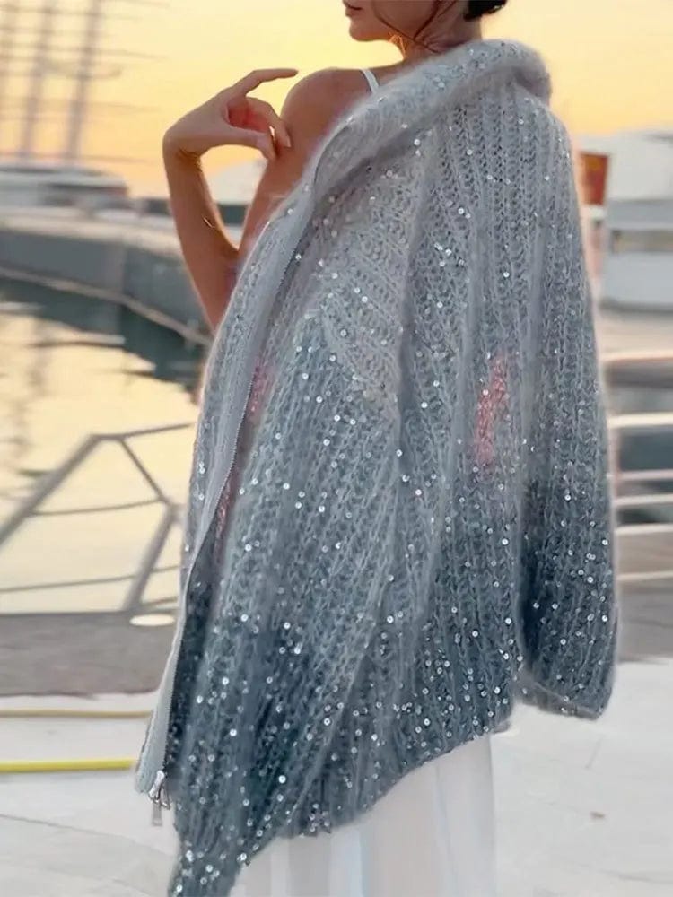 L / Gray OUDINA Fashion Women Clothing Casual Zipper Lazy Sequined Lantern Sleeve Sweater Knitted Cardigan Sweaters For Women