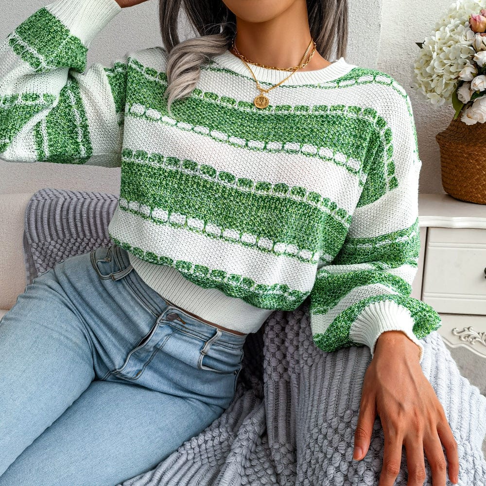 L / Green 10%OFF Autumn and winter European and American fashion contrast color long-sleeved knitted sweater women's pullover