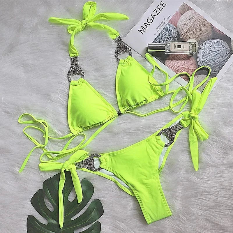 L / green 2022 Custom Swimwear Women Sexy Lime Green Luxury Glitter High Waist String Diamond Bikini