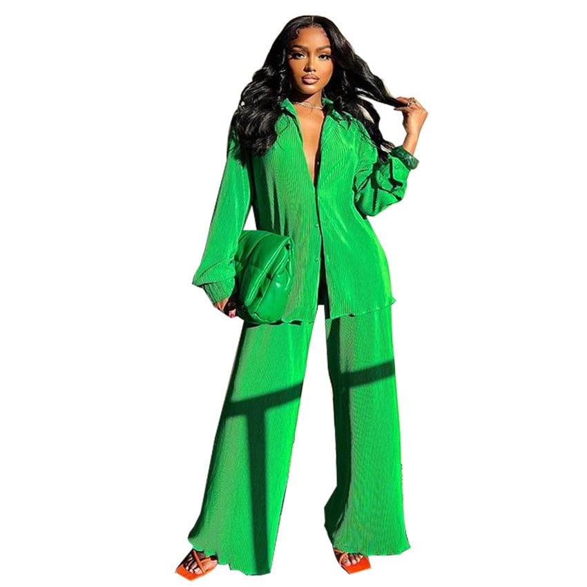 L / Green 2022 Hot selling Women Spring Casual set Sexy Pleated Loose long sleeves Casual Multicolor Suit
