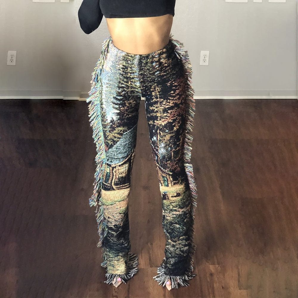 L / Green Hot Sale New Fashion Color Pattern Print Long Trousers White Pants Women Fringe Tassel Casual Pants