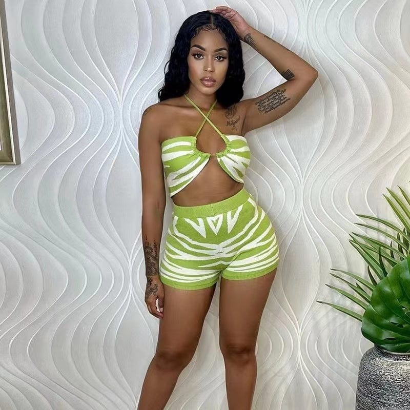 L / green J&H 2023 new arrivals lace up knitted 2 piece shorts set sexy slim fit women fashion beach club wear