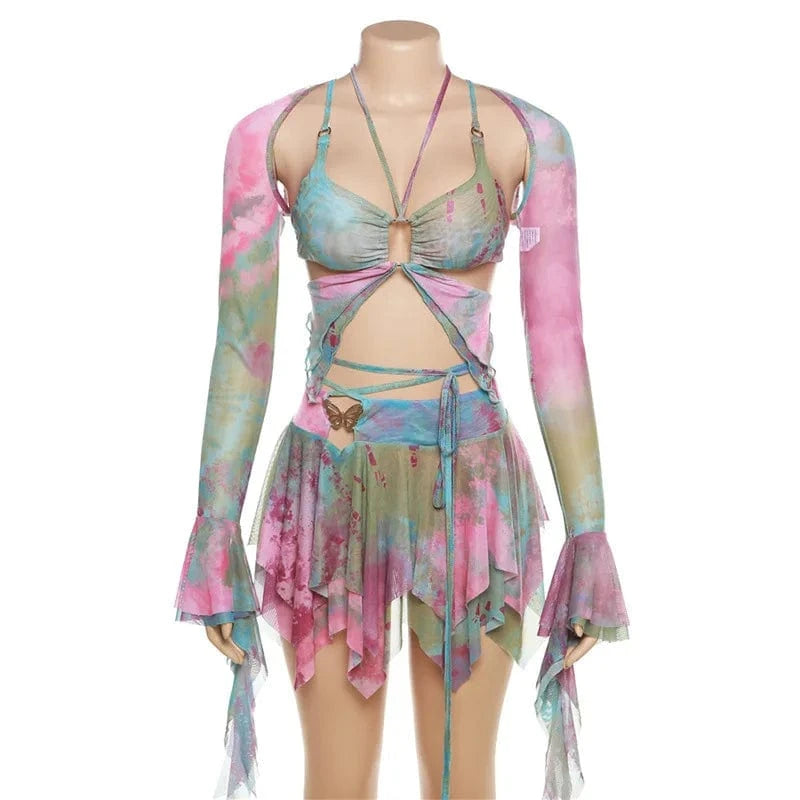 L / green Streetwear Clothing Y2K Fashion Sexy Club Three Piece Skirt Set Tie Dye Mesh Women's Set