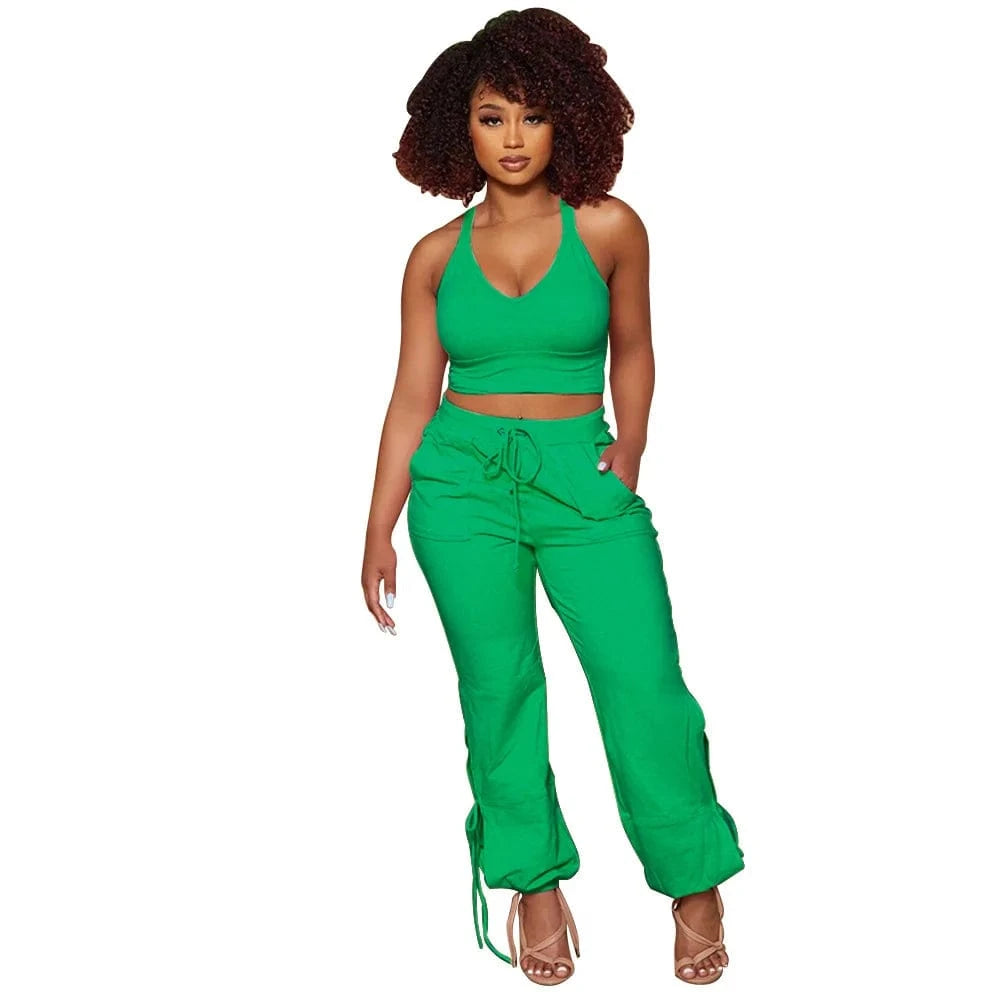 L / green Womans Clothing Tracksuit Summer Two Piece Crop Top Set Club Outfits Joggers Pants Two Piece Pants Set
