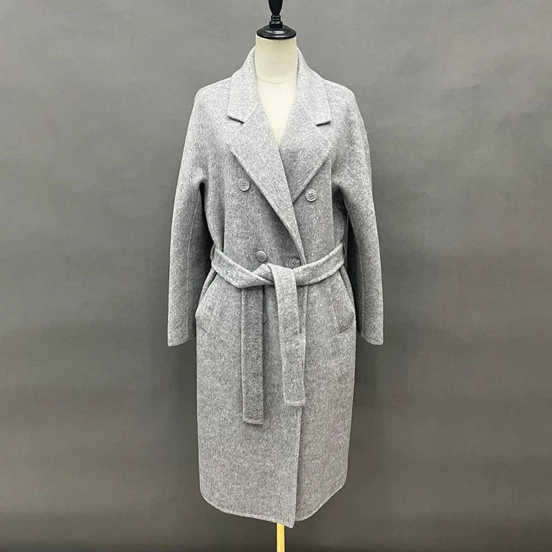 L / Grey Elegant Double Sided Handmade Long Trench Coats Belted Ladies Cashmere Coat for Women