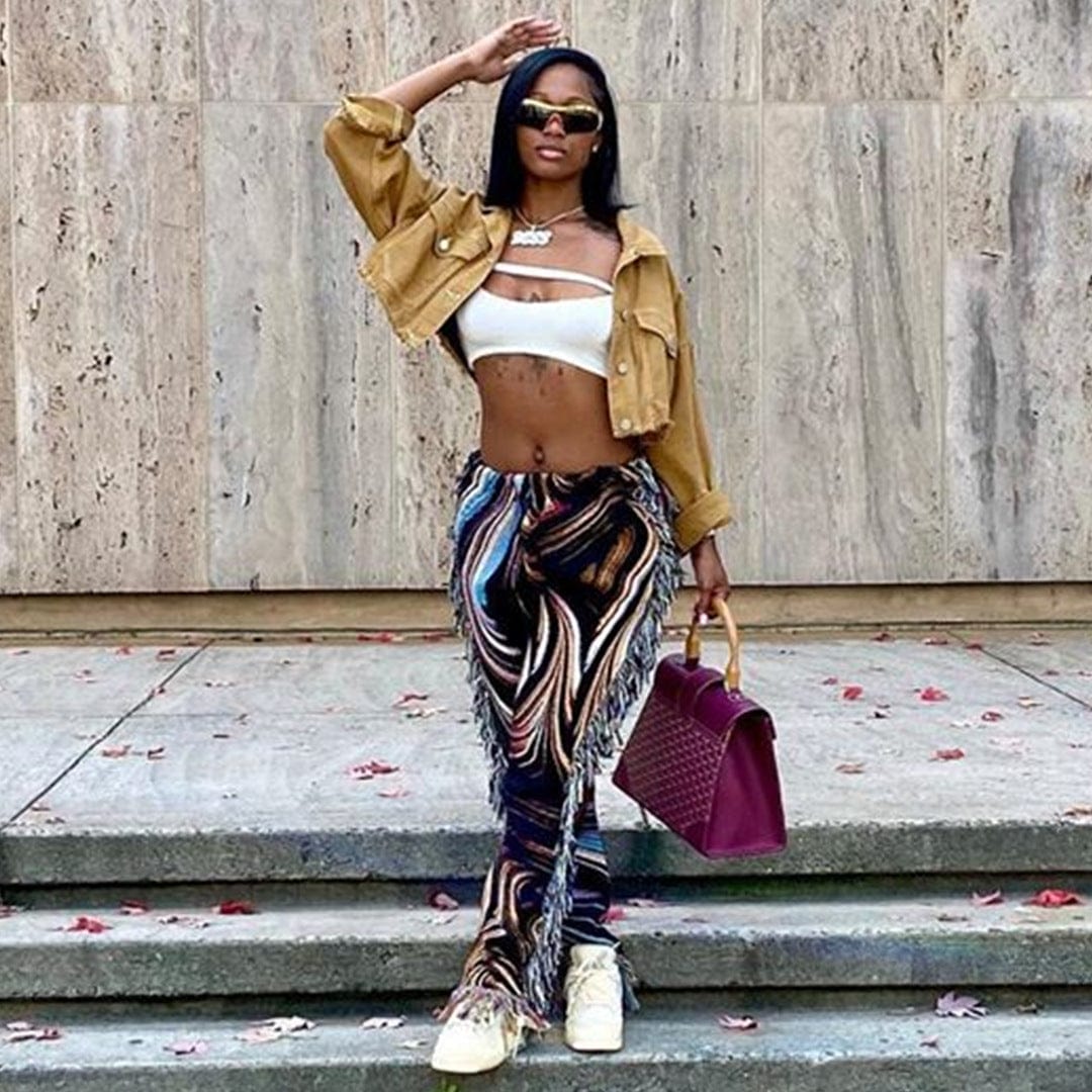 L / Hot sale color Hot Sale New Fashion Color Pattern Print Long Trousers White Pants Women Fringe Tassel Casual Pants
