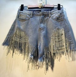 L / jeans 2023 New Summer Sexy Diamond Crystal Rhinestone 3XL High Waist Tassel Ripped Jean Shorts Women Denim Shorts For Women