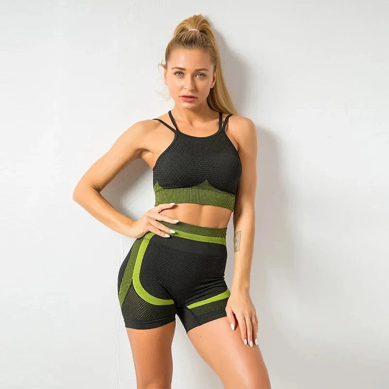 L / Khaki 2 Pieces Yoga Sets Fitness Women Sport Bra Tank Top Fitness Running High Waist Lulu Yoga short Active wear For Women's Yoga Set