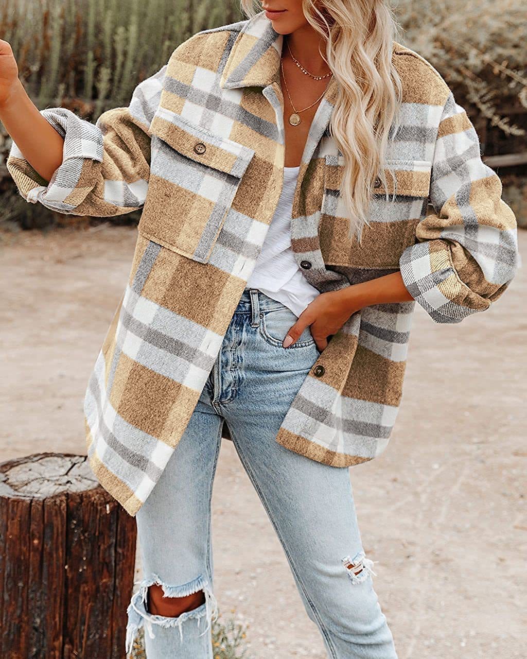 L / Khaki 2022 Latest Winter Plaid Patchwork Coat Casual Women Jacket Oversize Polyester Loose Women Clothing