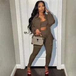 L / Khaki Clothing High Quality Women Fall Knit Set Tank Top Jacket and Pants Solid Rib 3 Piece Set Women