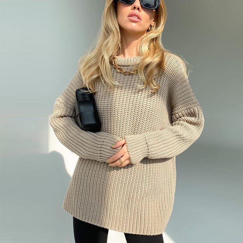 L / Khaki Foma High quality hot selling round neck pullover sexy casual solid color fashion sweaters for women