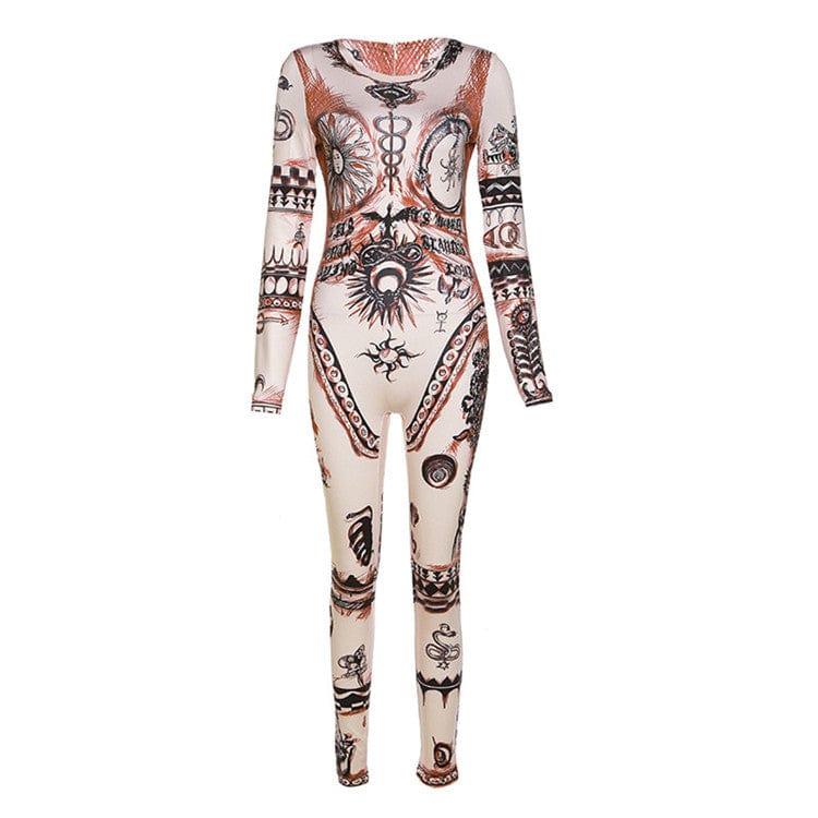 L / Khaki Hipster Print Jumpsuit Women Aesthetic Full Sleeve Spring New With Zipper Overall