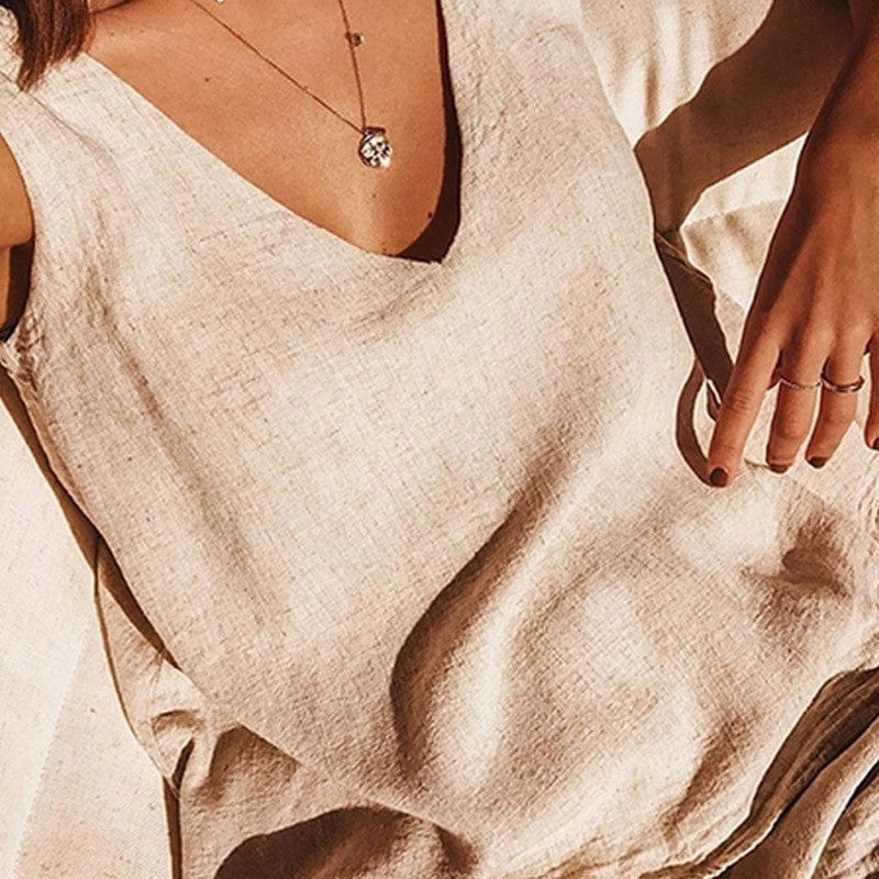 L / Khaki Summer linen plain simple casual set elastic waist shorts tank top two piece ladies sets plus size women's clothing