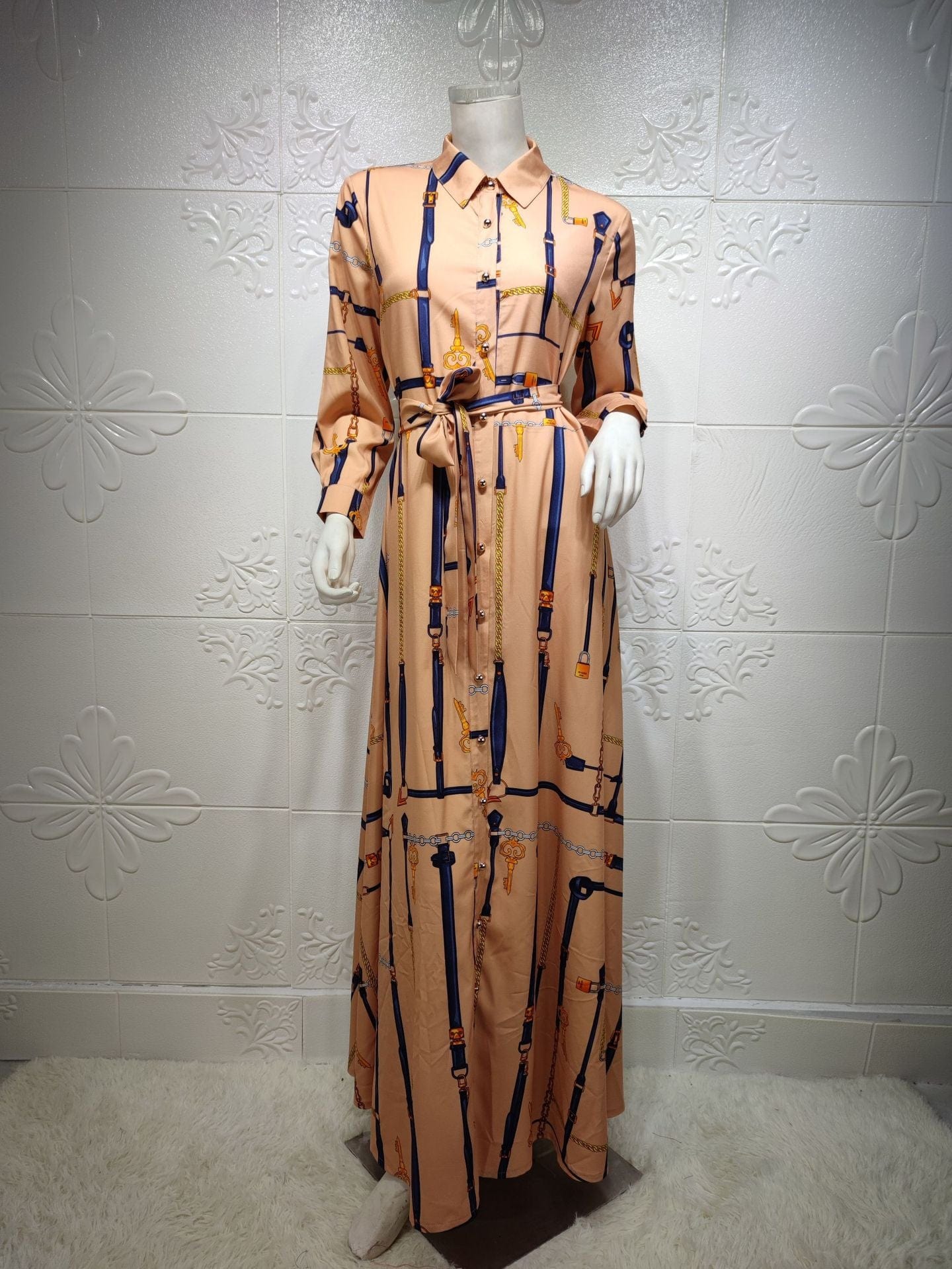 L / Khaki Wholesale Chain Print Long Sleeve Muslim Gown Maxi Dress with Belt Dubai Abaya Islamic Clothing Women Muslim Evening Party Dress