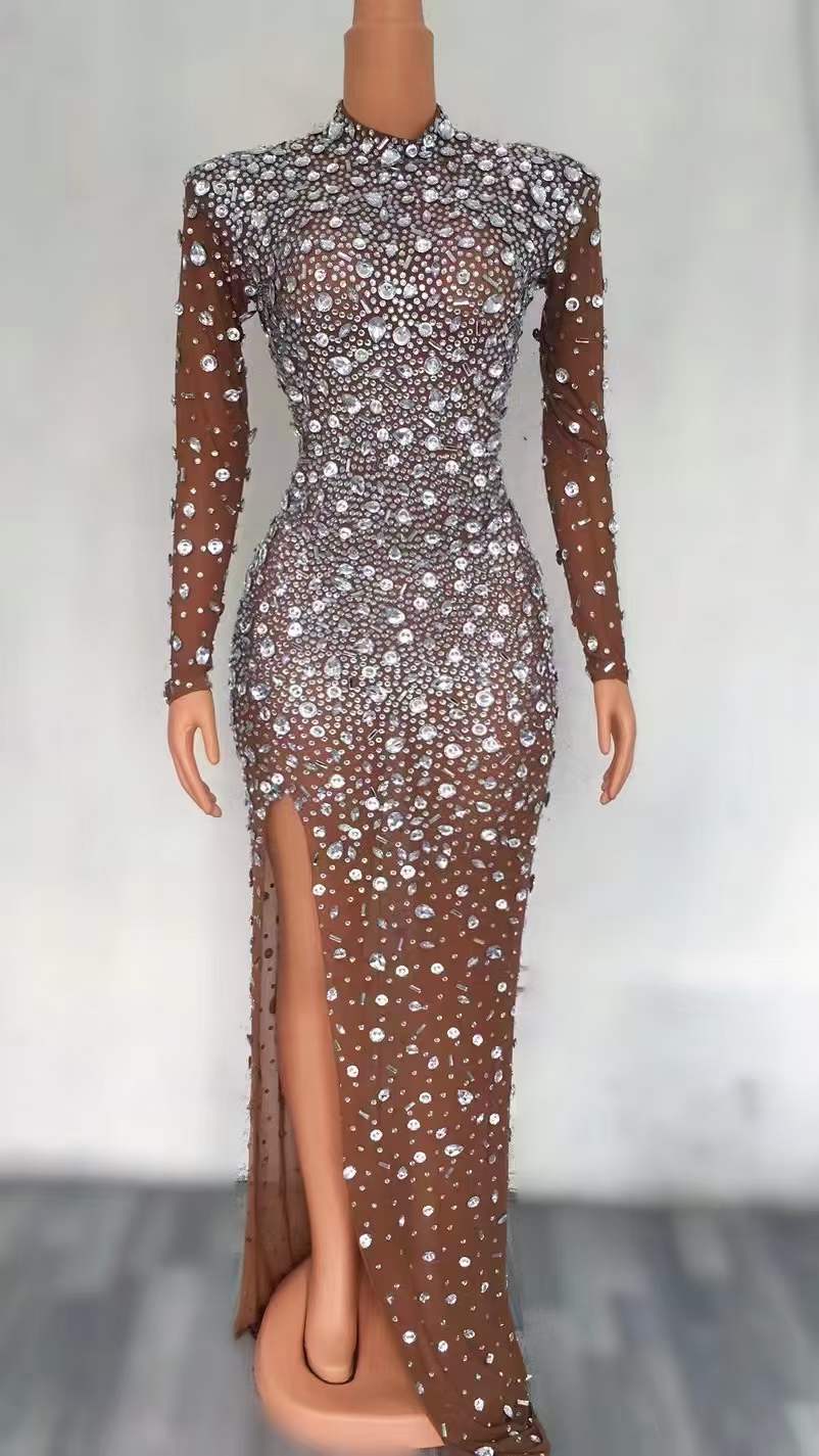 L / L273 BLUE Custom Gowns For Women Evening Dresses Long Sleeve Large Diamond Sequin Dresses Women Lady Elegant Party Evening