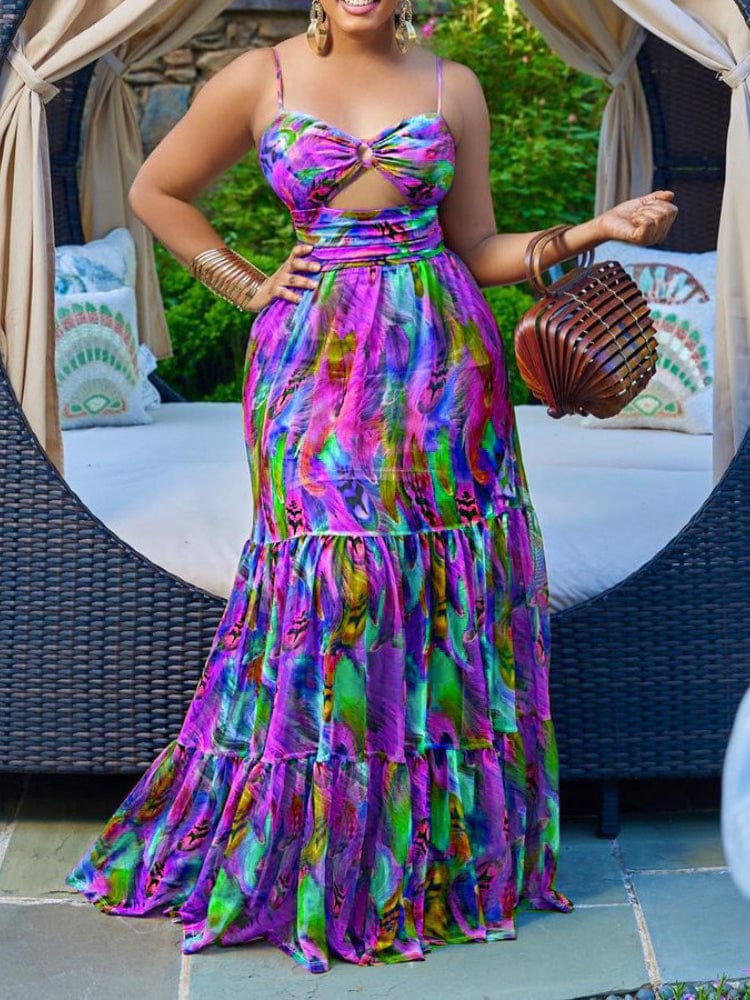 L / Lavender Printed Long Spaghetti Strap Beach Summer Hollow Out Female Casual Dress