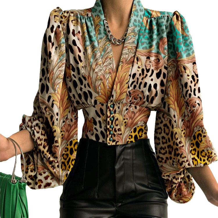 L / Leopard J&H 2023 hot sale S-5XL sexy v neck corset top women elegance puff sleeve fashion blouse shirts casual fall clothes whoelseale
