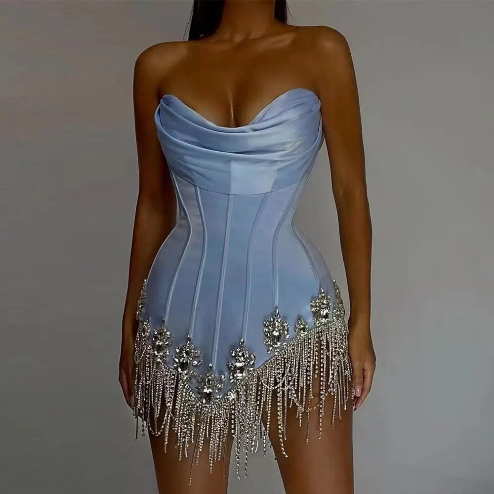 L / Light Blue OUDINA 2024 Women's Clothing Rhinestones Silver Jewelry Tassel Chain Knitted Tube Top Pleated Backless Bandage Dress Woman