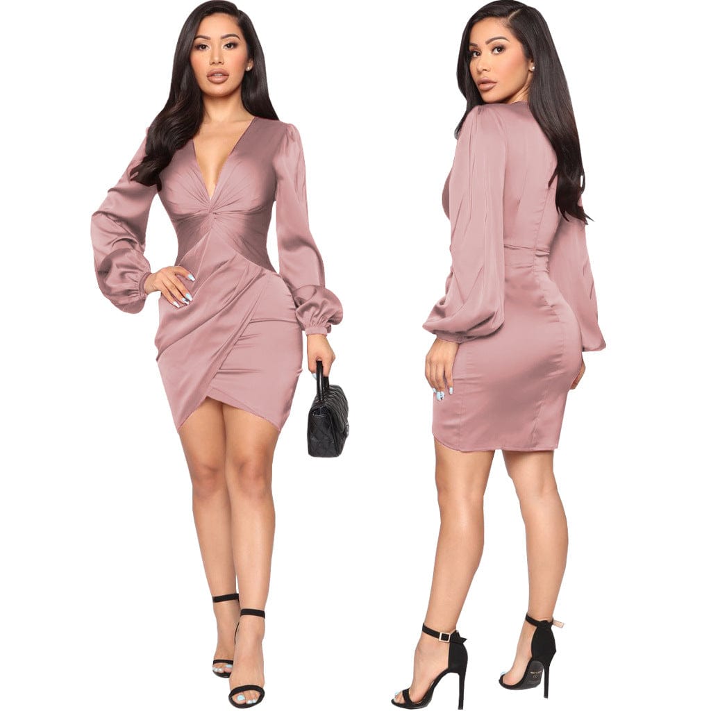 L / Light Pink C1103TA23 New Arrival Casual Solid Color V Neck Irregular Bodycon Office Dress Women Sehe Fashion