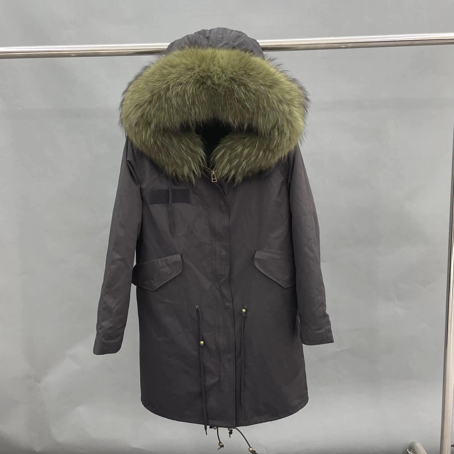 L / Long black +army green fur Wholesale Lady Hoodies Warm Plus Size Winter Fur Parka
