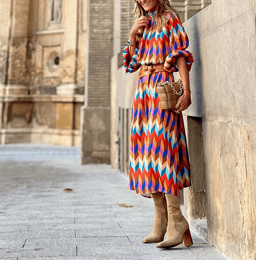 L / multicolor Fashion Ladies Nine-point Sleeve Loose Long Dress Spring Autumn Retro Pattern Print Dress Women Casual O-neck Office Long Dress