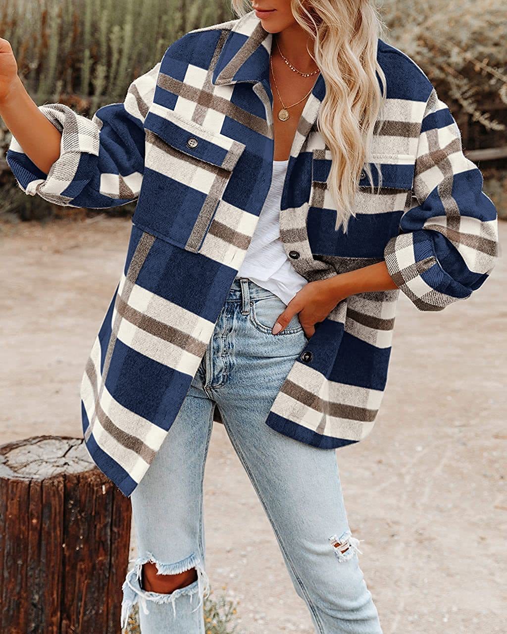 L / NAVY 2022 Latest Winter Plaid Patchwork Coat Casual Women Jacket Oversize Polyester Loose Women Clothing