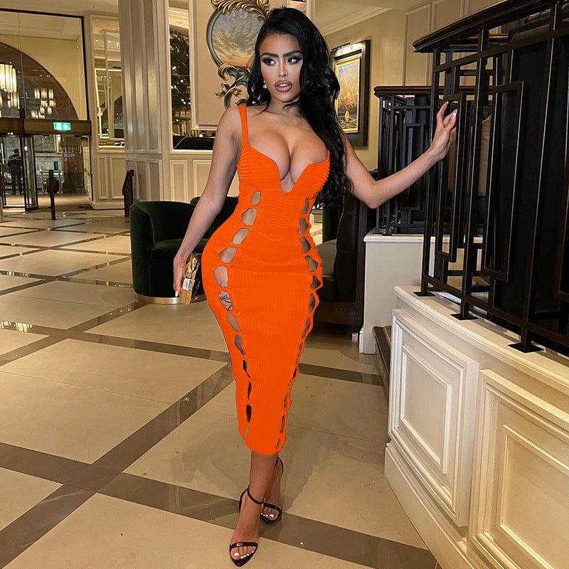 L / Orange 2022 Summer Women Clothes Lady One Piece Sexy Long Knitted Dress Women Hollow Out Bandage Long Halter Bodycon Dress