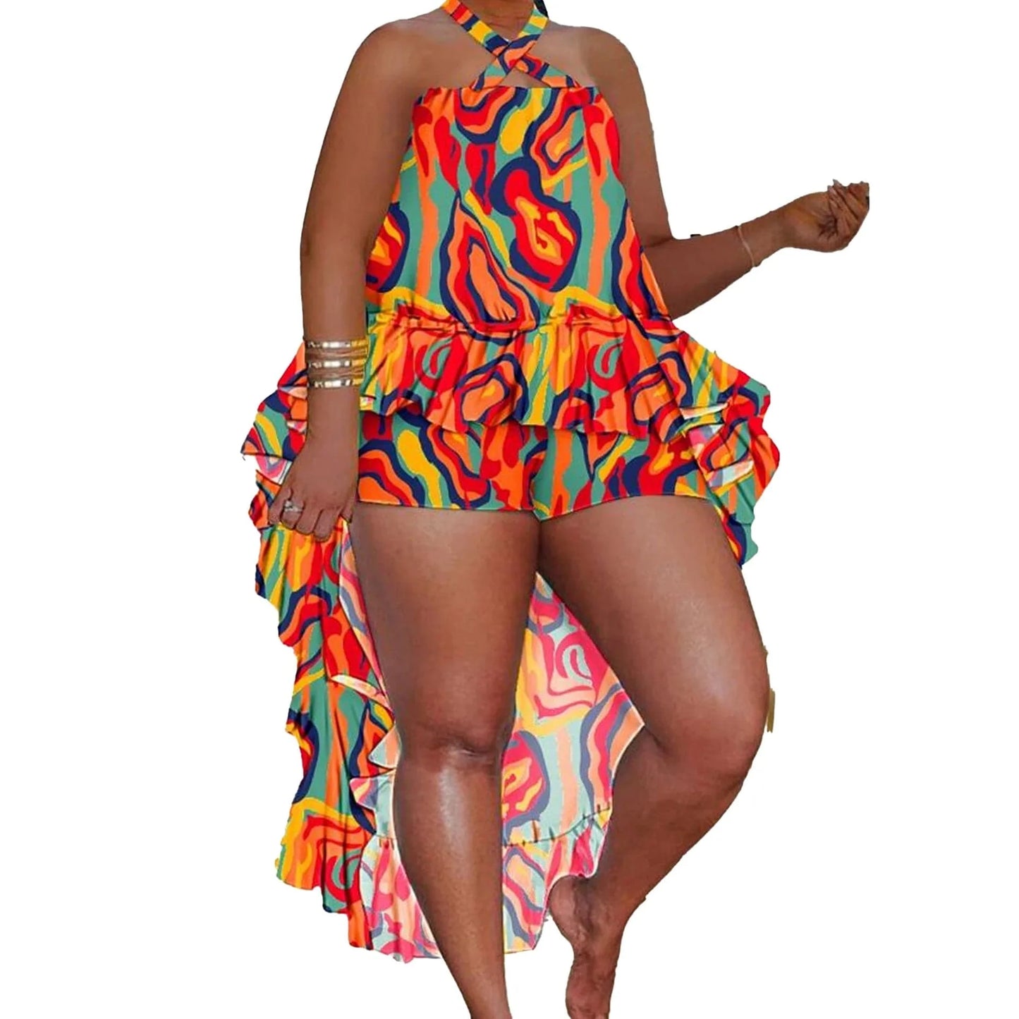L / Orange 2023 Hot Sale Casual Women's Sets Products Fashion Plus Size Women's Clothing Graphic-Print Halterneck Sleeveless Top Shorts