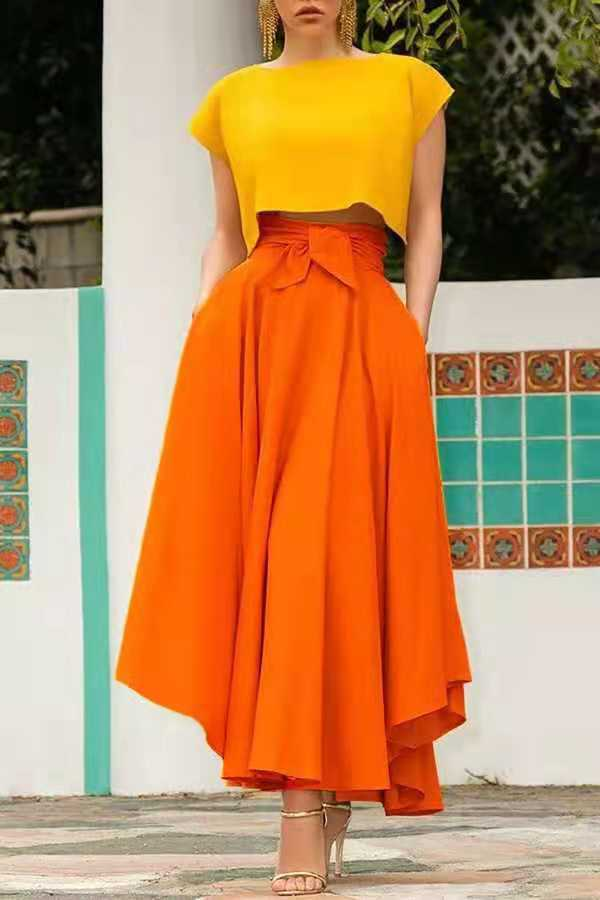 L / Orange new arrival Fashion Women Girls Europe and America Solid Color Bow Belt Big Hem Hot Sell Dress Long Skirt plus size