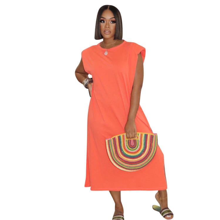 L / Orange Popular Products Fashion Solid Color Slit Long Dresses Women Casual Round Neck Sleeveless Loose Simple Summer Dress