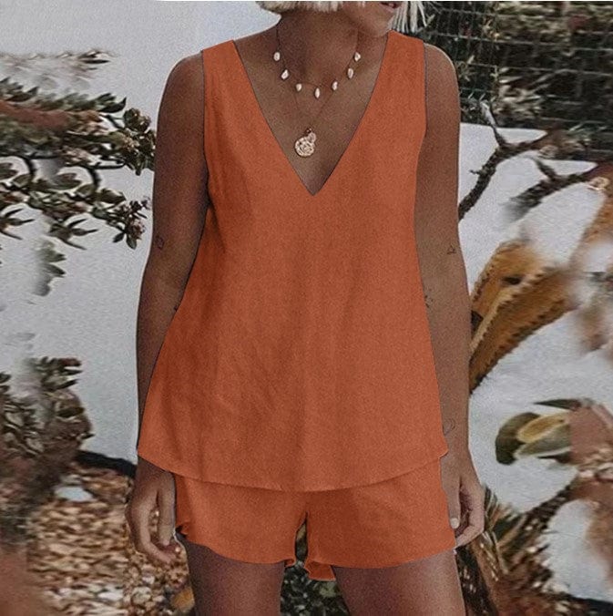 L / Orange Summer linen plain simple casual set elastic waist shorts tank top two piece ladies sets plus size women's clothing