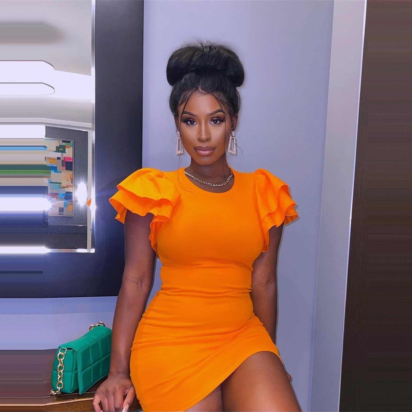 L / Orange Wholesale Products Round Neck Ruffle Sleeve Bodycon Dress Solid Color High Waist Ladies Summer Short Casual Dresses