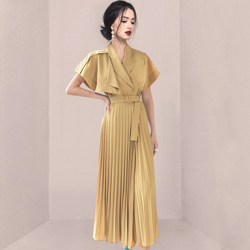 L / Photo Color 2022 summer new high-end temperament suit collar belt waist stitching pleated swing skirt dress HN06080108