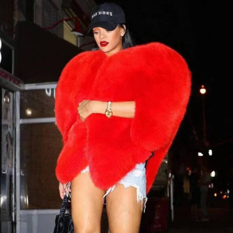 L / photo color Red Heart fur Lady Little Wild Cat High end Korean version Slim Thickened Fur One Piece Coat Female Faux Fur Plush Winter Girl