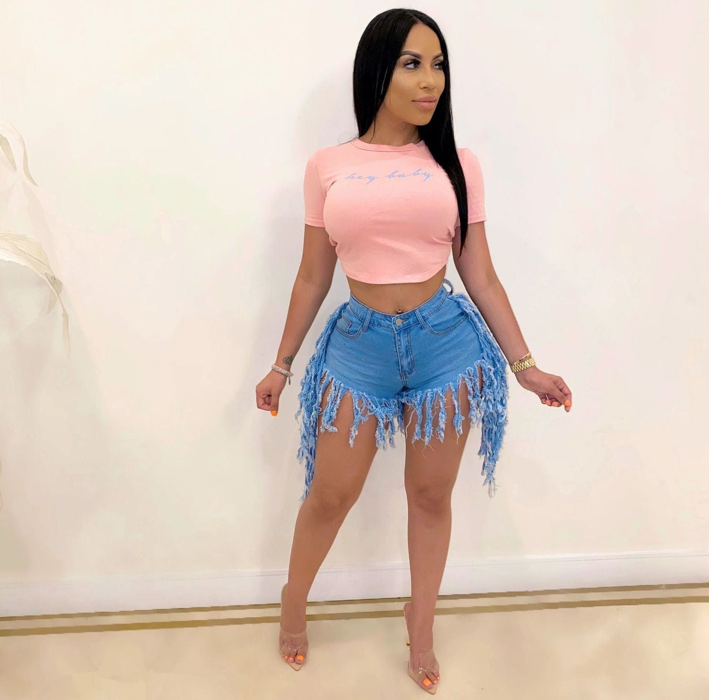 L / pic 3 20420-MX93 Latest Design 5 Colors Ripped Tassel Jeans Sexy Hot Pants For Girls
