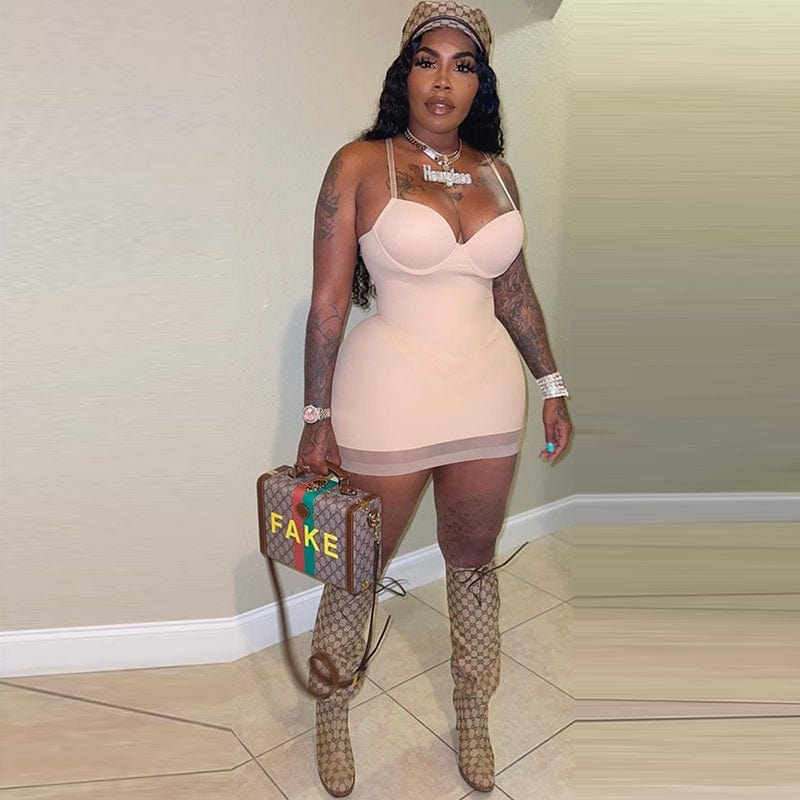 L / Pink 2022 New Arrival Solid Color Sexy Deep V Sleeveless Spaghetti Strap Casual Dress Women Dresses