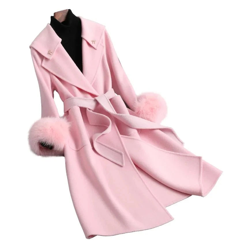 L / Pink 2023 Long Oversized Wool Cashmere Coat Korean Casual Mink Fur Coat With Belt