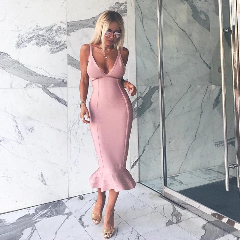 L / Pink BA4365 Fashion Sexy Suspender Deep V-neck Fishtail Bodycon Dress