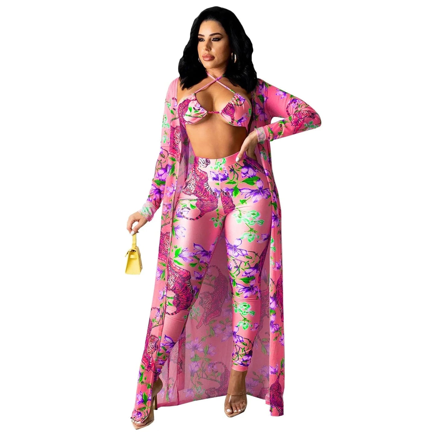 L / Pink Bra Tops Cover Up Belted Three Piece Ladies Nighty Pajamas Sexy Lingeries Vendor Nightclub Pants Set Club Outfits For Women Sexy