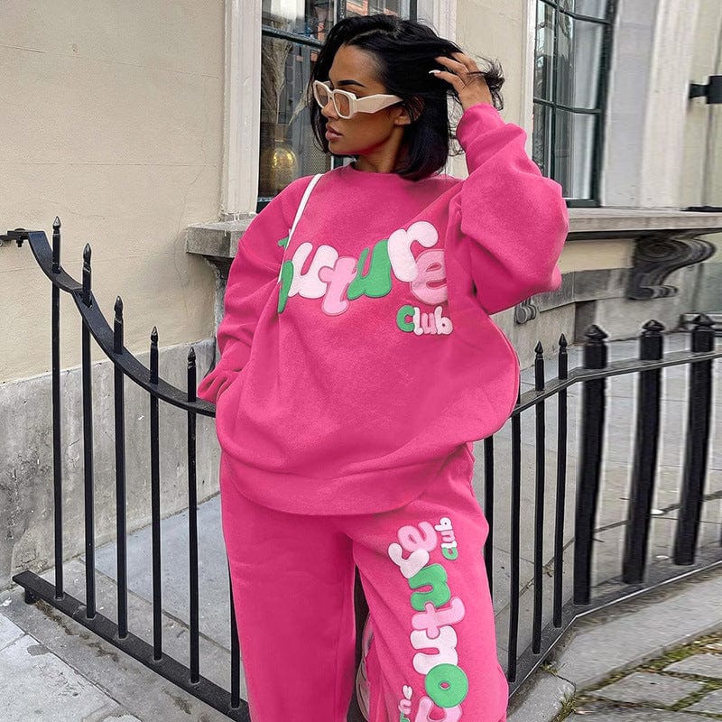 L / Pink Fall Winter 2022 women Clothing Letter Print Crewneck Sweatshirt Loose Tracksuit Sweatsuit Joggers Two Piece Pants Set