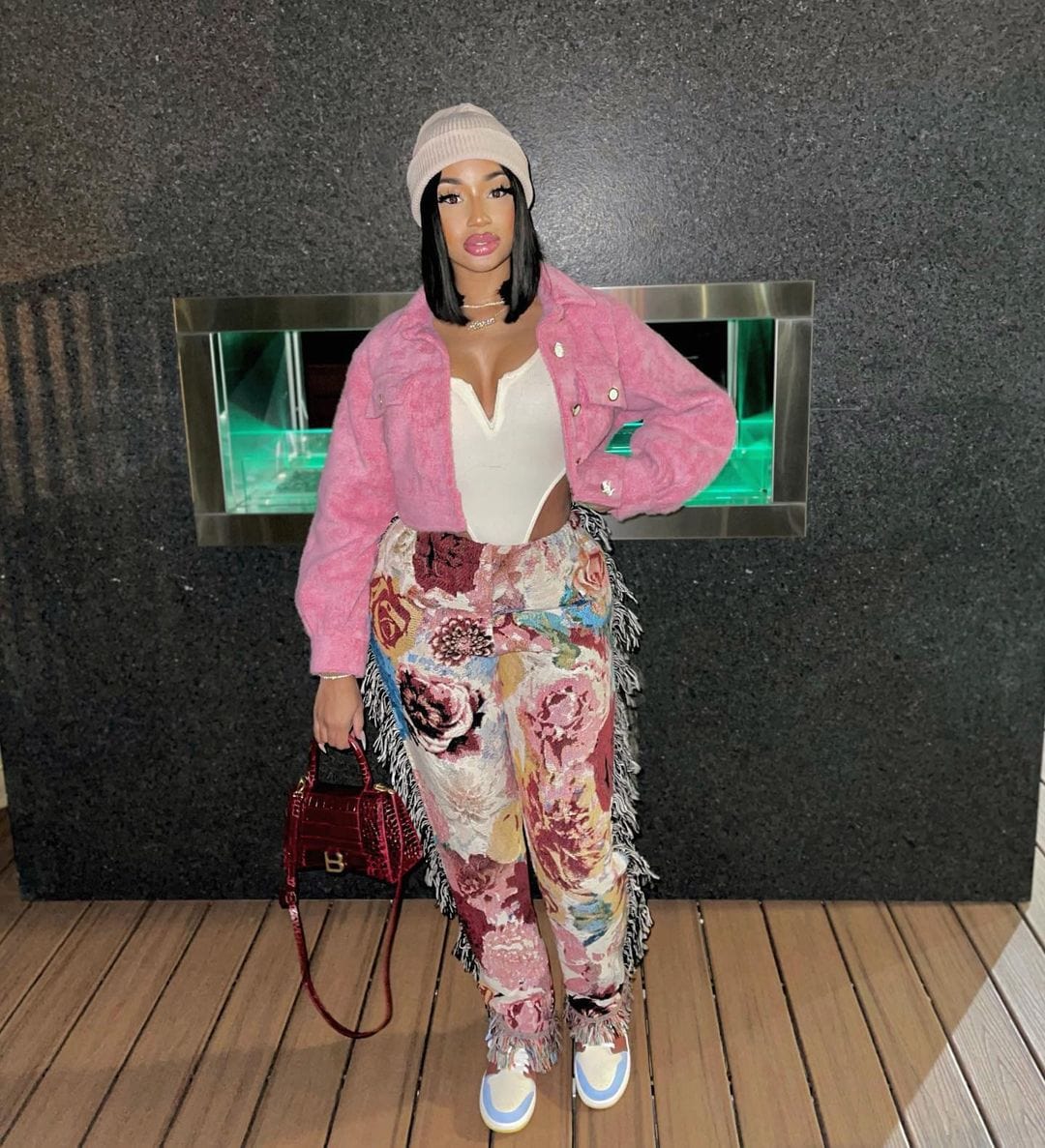 L / Pink Hot Sale New Fashion Color Pattern Print Long Trousers White Pants Women Fringe Tassel Casual Pants