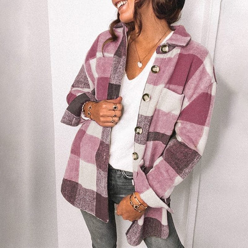 L / Pink New Design 2022 Full Sleeves Plaid Women Casual Coats Comfortable Plus Size Jackets Medium Long Women Shirts