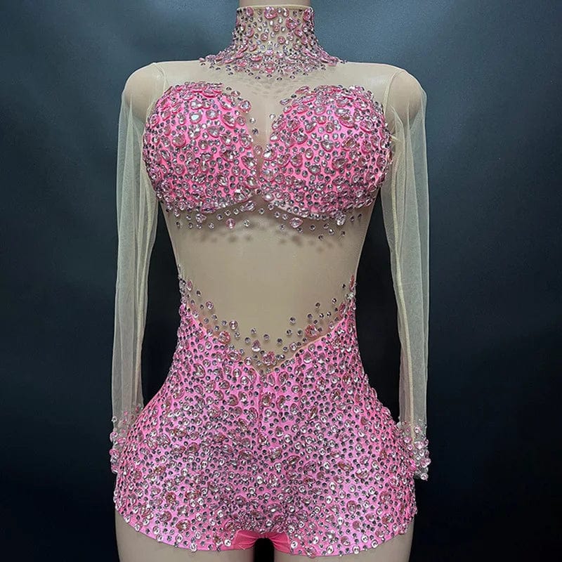 L / Pink Novance Y2113 Trend Items 2023 Bodysuit For Women Plus Size Rhinestone Romper Jumpsuit Noir Woman Body Slim Bustier Dos Nus