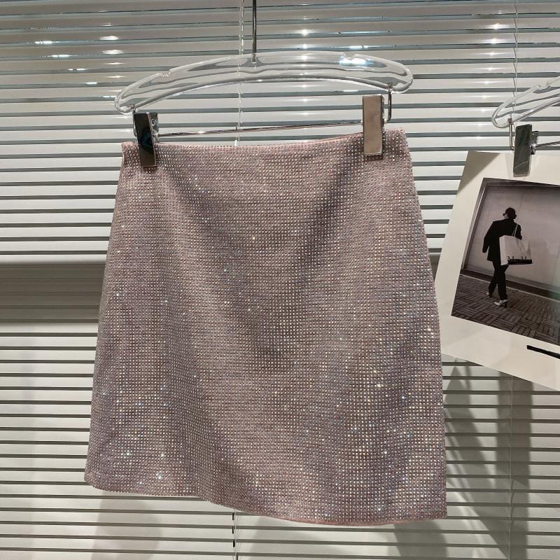 L / Pink OUDINA 2022 Nightclub Women Rhinestones Sequins Casual Mini Skirts Hot Shiny Ladies Skirt