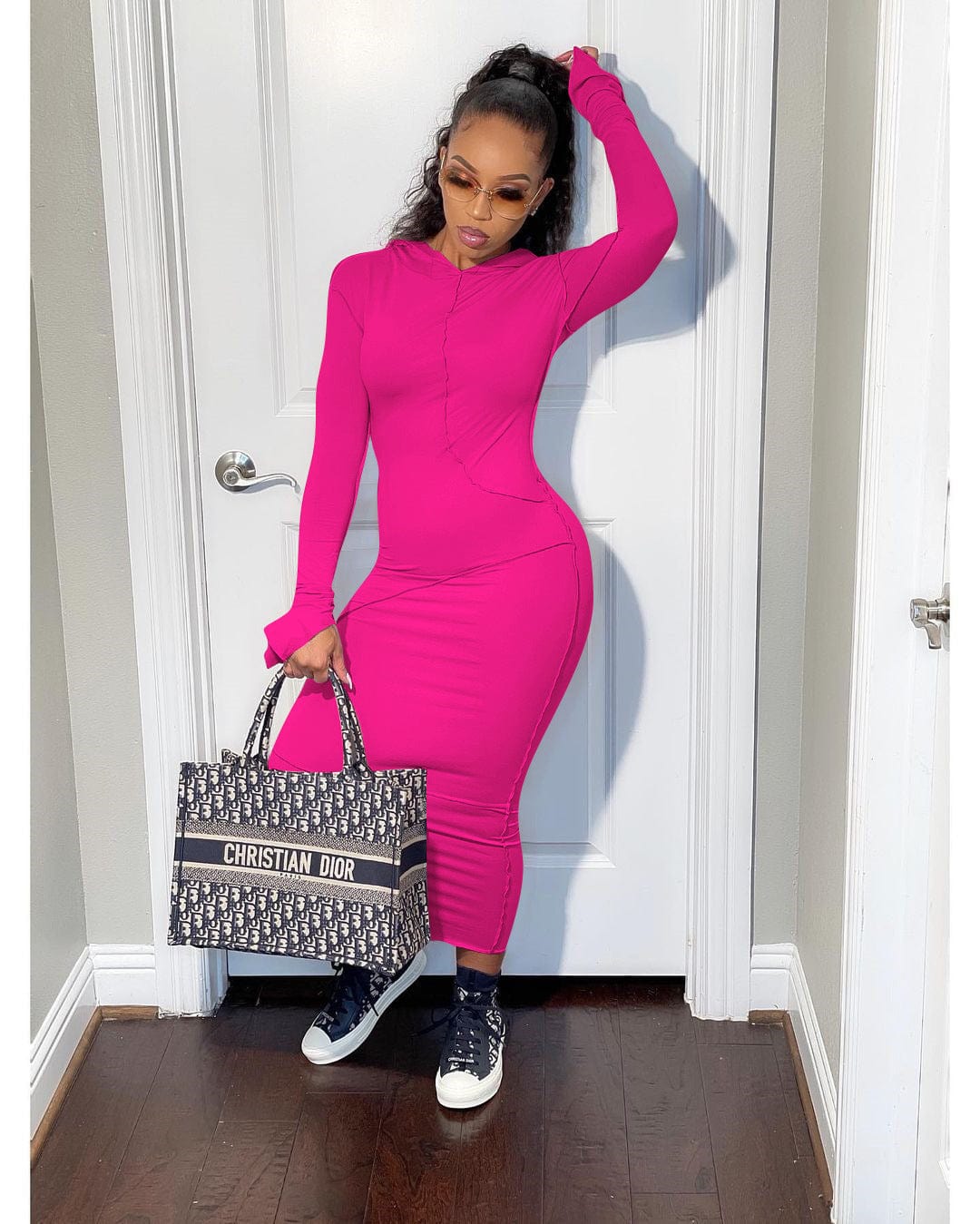L / Pink PDEP most popular fall long sleeve hoodies casual dress for women plus size cotton tight soild color sexy long dress for ladies