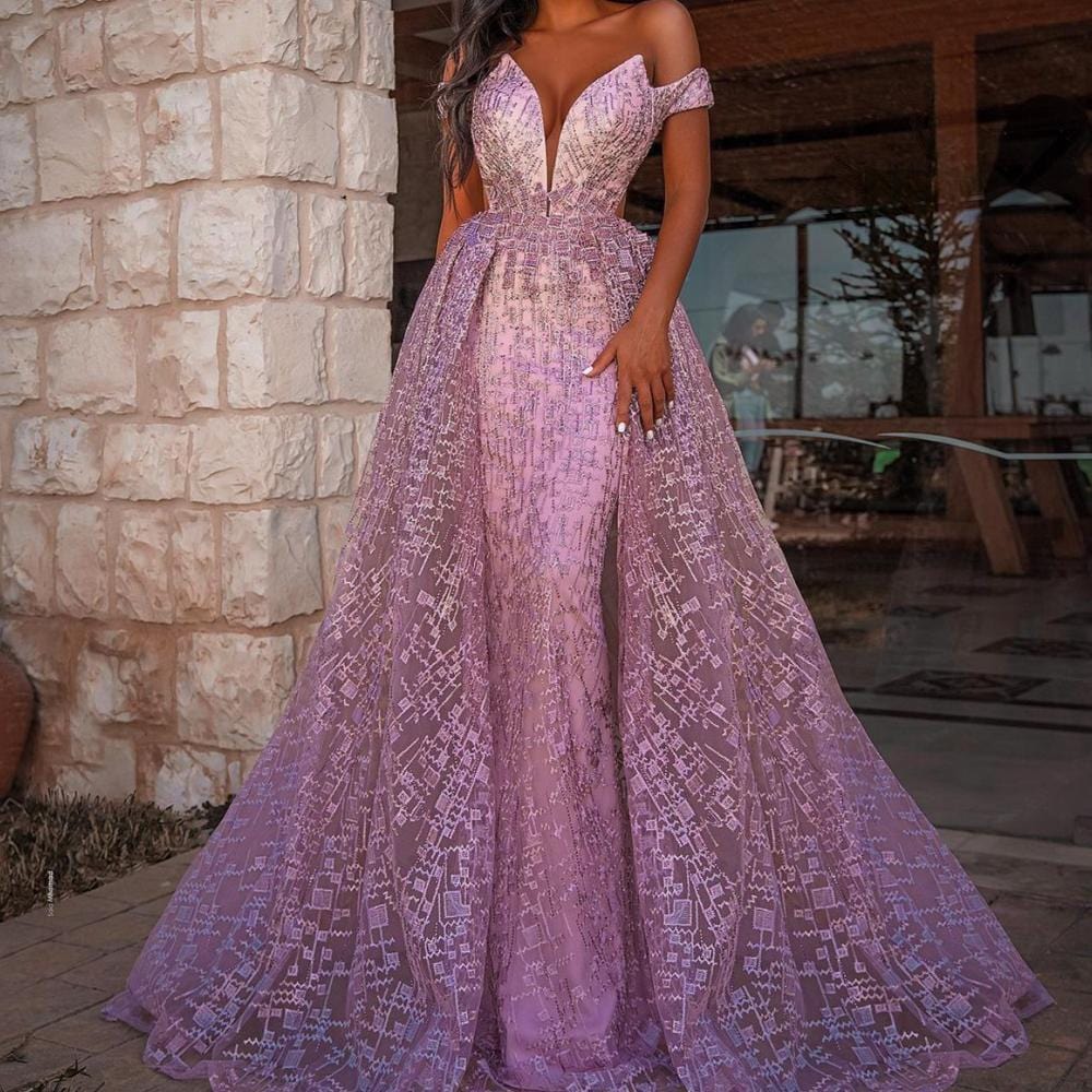 L / Pink Plus Size Banquet Host Slim Net Gauze Sequin Evening Dress Dress Women Evening Party Dresses