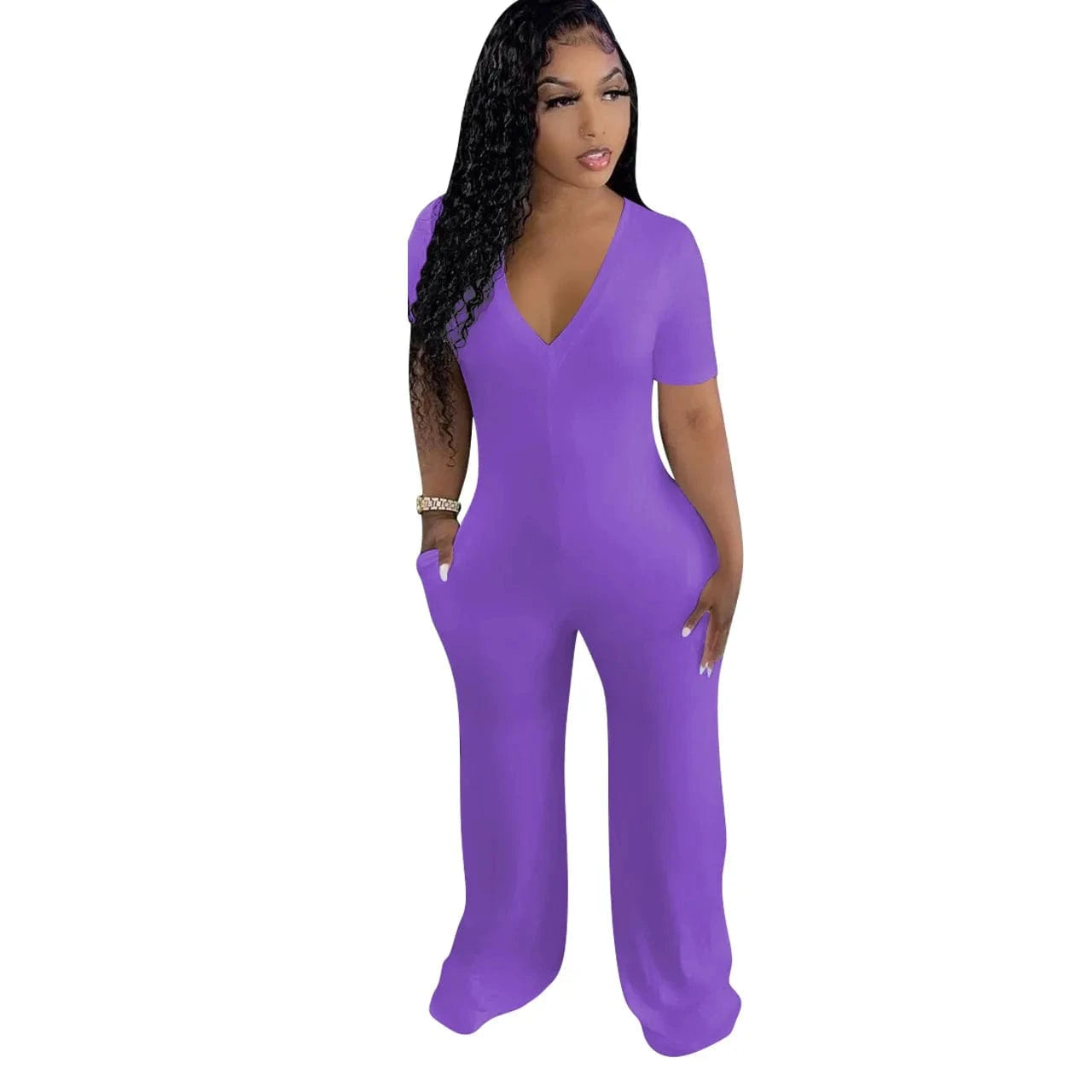 L / Purple Womens Clothing V-neck Rompers Women Solid Rompers Casual  Clothing One Piece Jumpsuit Mujer with Pockets