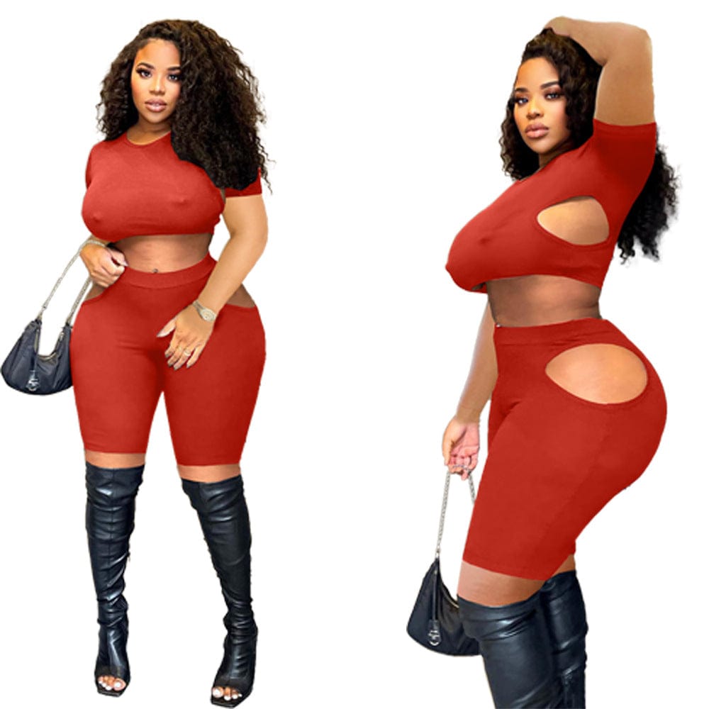 L / Red 2022 Fashion Sexy Crop Top Cutout Bodycon Sport Shorts Sexy Plus Size Two Piece Outfit Set Women