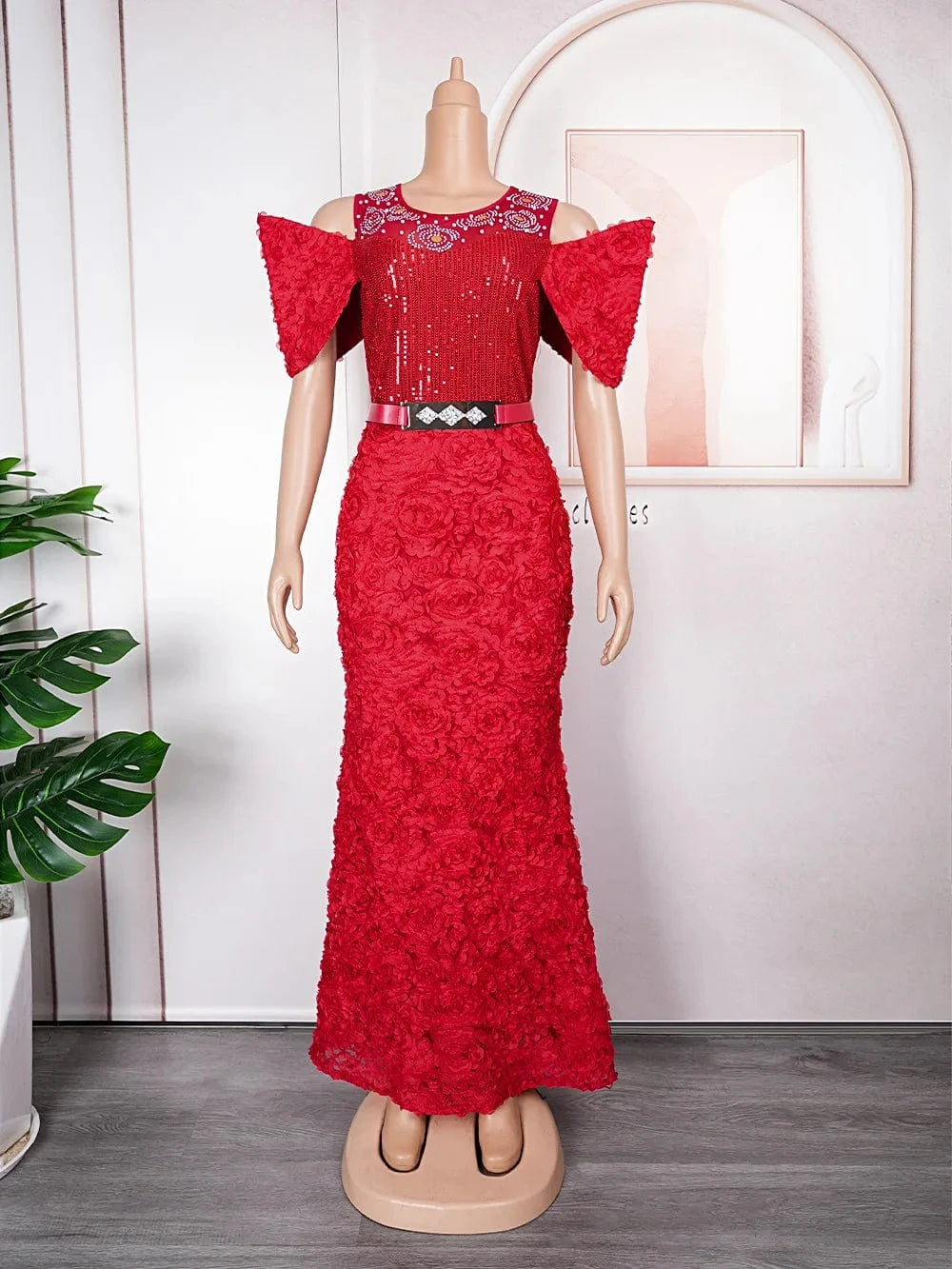 L / Red Applique Belt Fishtail Mesh Patchwork Sequins Bead Women Evening Dress